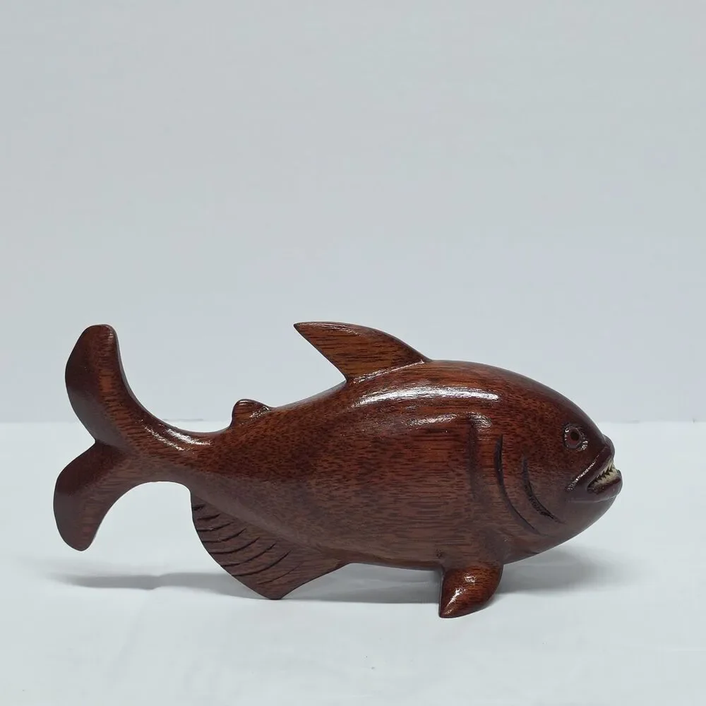 Piranha Vintage Hand Carved Wooden Figurine With Real Teeth
